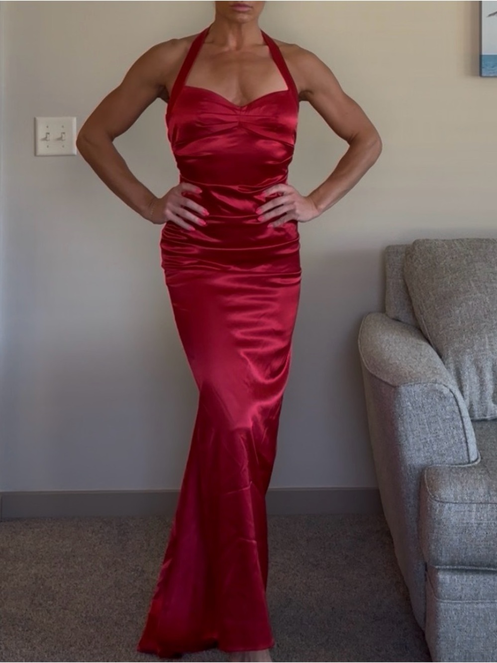 City Triangles Red Satin Halter Maxi Dress